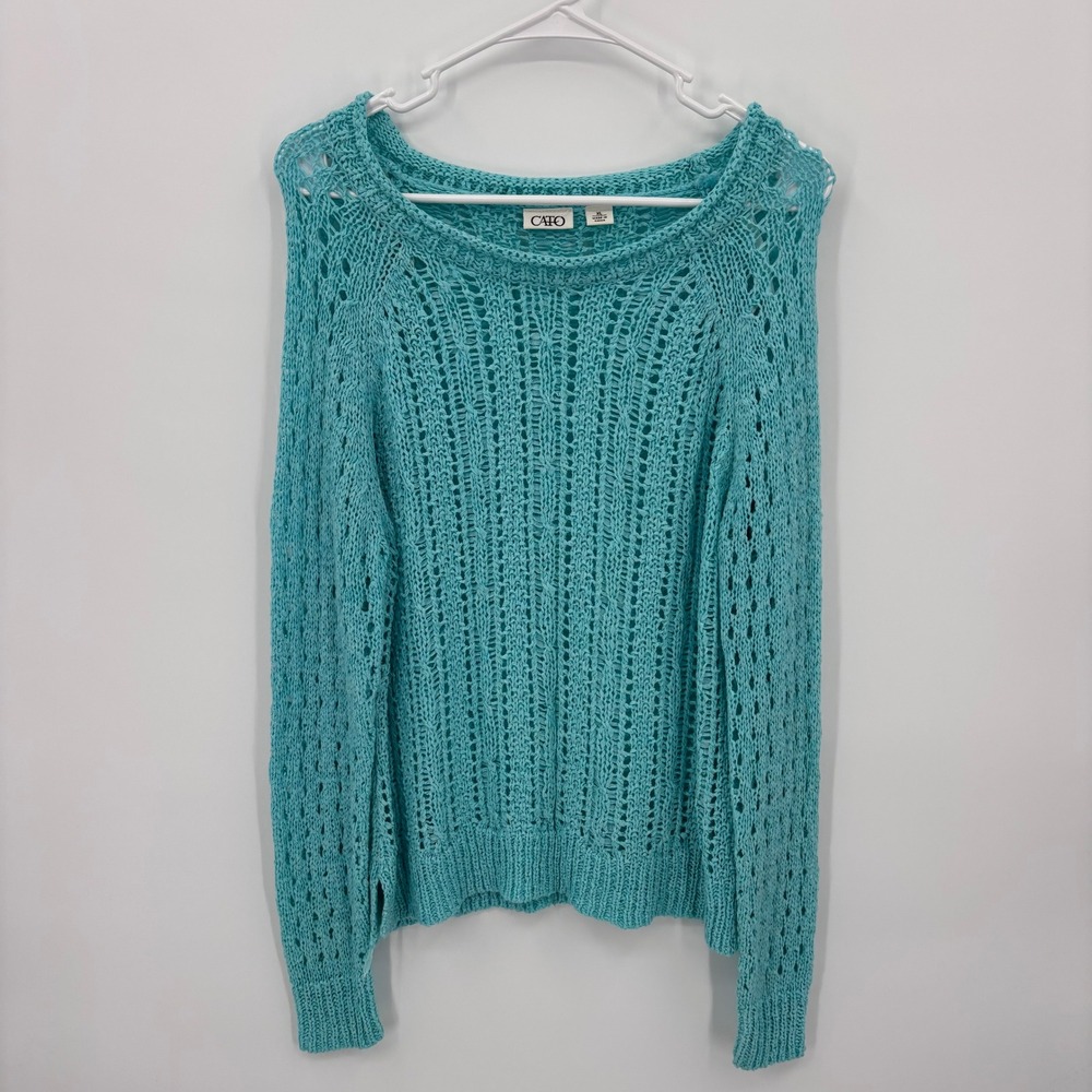 Cato Open Knit Sweater Women XL Turquoise Blue Excellent Pointelle Crochet Boho